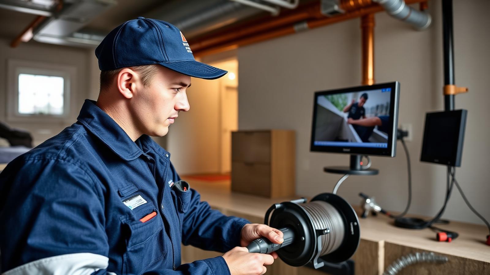 Plumber performing a drain camera inspection